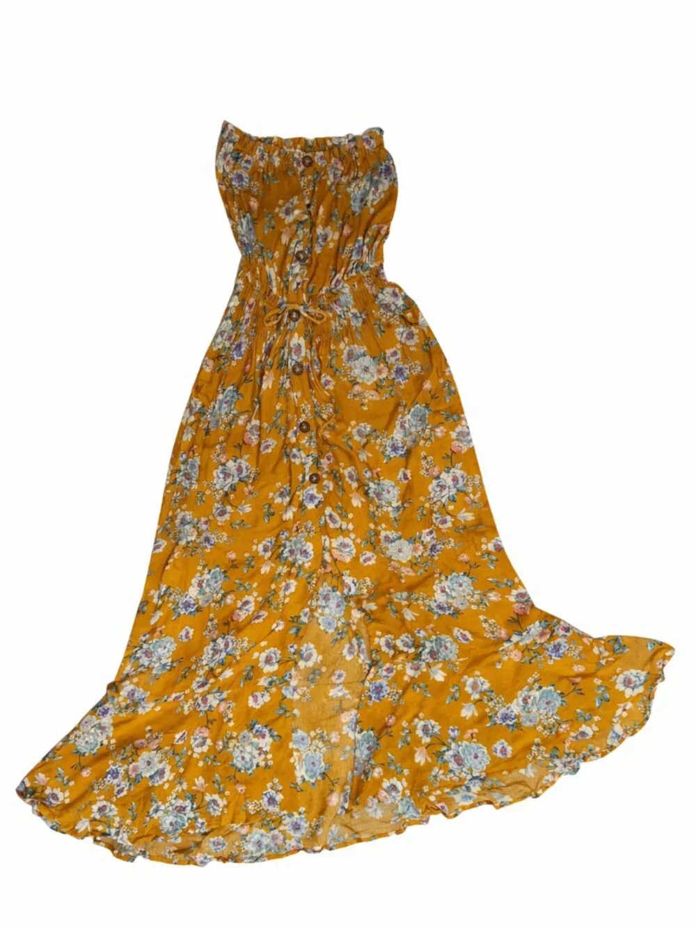 Socialite Strapless Floral Maxi Dress Yellow Smocked Waist Slit Size S - Picture 5 of 5